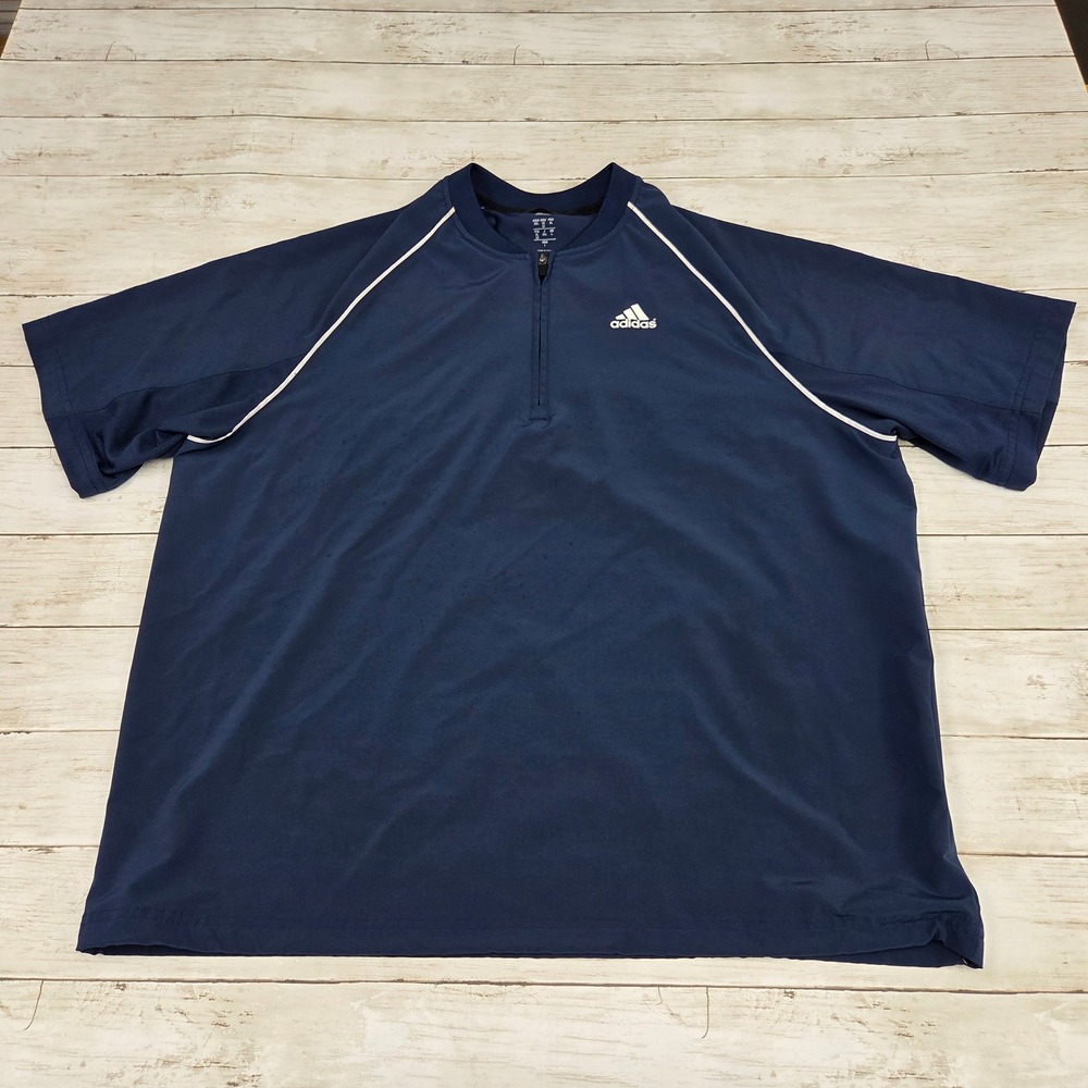 Adidas Windbreaker Men Large Navy Blue SS Quarter Zip Mock Neck Top Stained